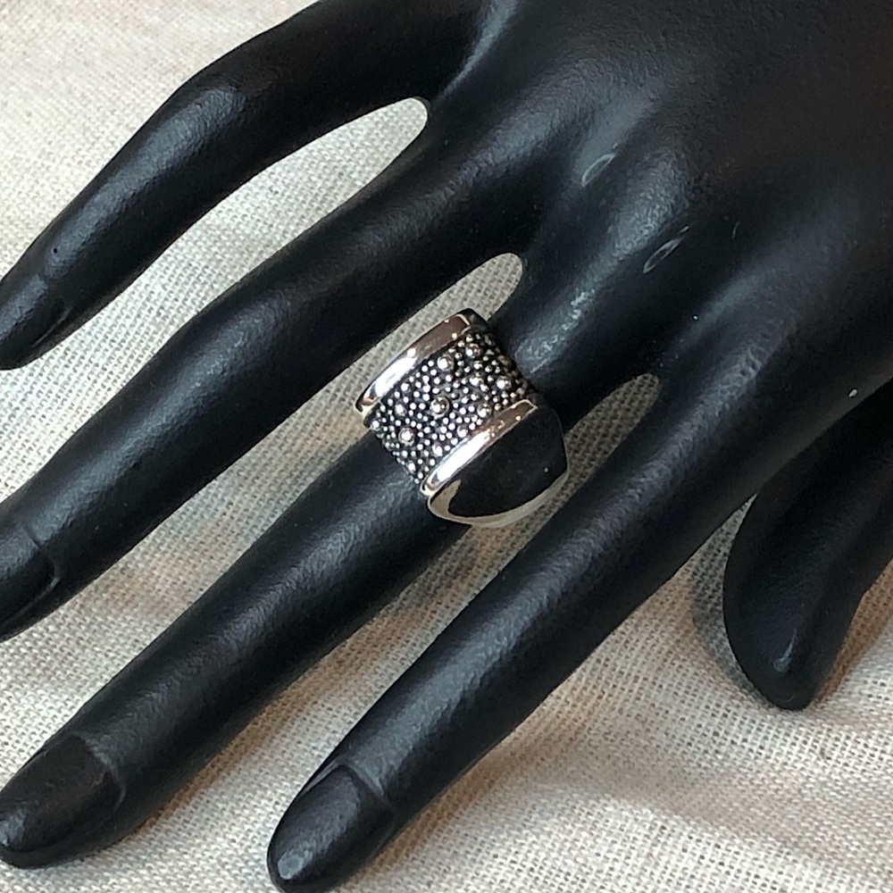 MICHAEL DAWKINS Sterling Silver Starry Night Oxidized Caviar Accented Ring Sz 5